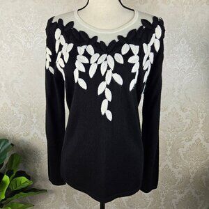 Katherine Kelley Sz Large Black White Pullover Sweater Wool Blend Leaves Pattern